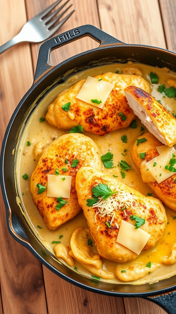 Creamy garlic chicken breast bake in a skillet, garnished with parsley and Parmesan, on a rustic wooden table.